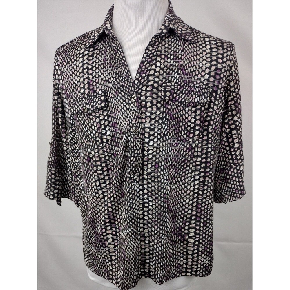 Rebecca Malone Womens Black V Neck 3/4 Sleeve Pullover Blouse Top Size XL Gothic